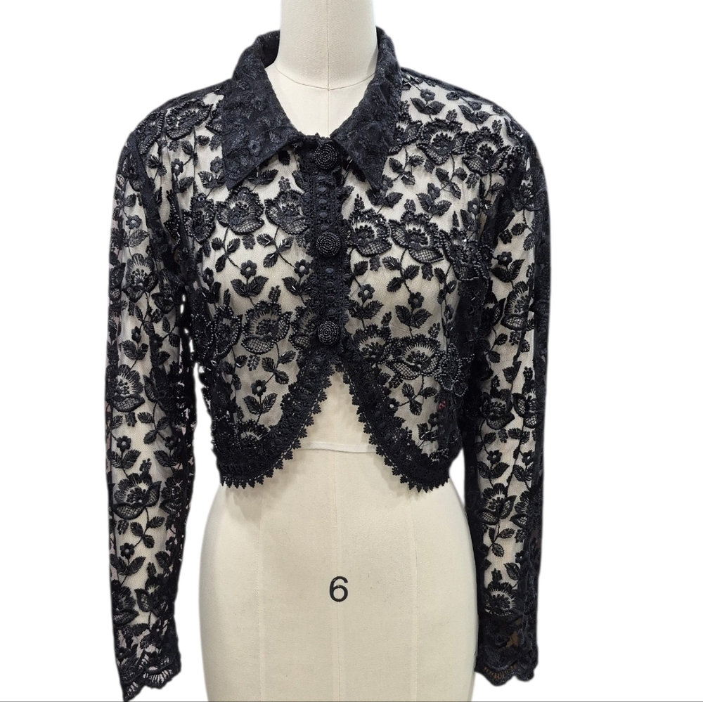 Embroidered mesh bolero women's M black sheer beaded front collar button cropped